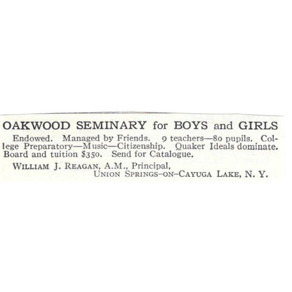 Oakwood Seminary William J Reagan Union Springs on Cayuga Lake c1918 Ad AE5-SA10