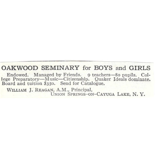 Oakwood Seminary William J Reagan Union Springs on Cayuga Lake c1918 Ad AE5-SA10
