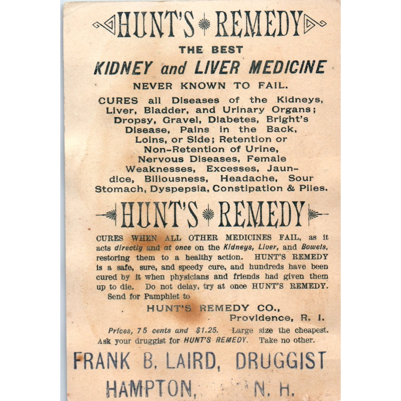 Hunt's Remedy Blue Boy Frank B Laird Hampton NH c1880 Victorian Trade Card AB6-2