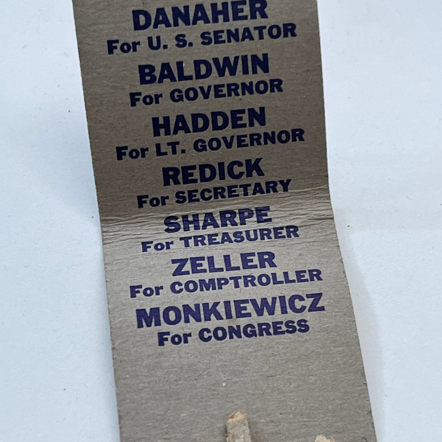 Vote Baldwin for Governor Republican Vintage Matchbook Cover TB8-MB3-2