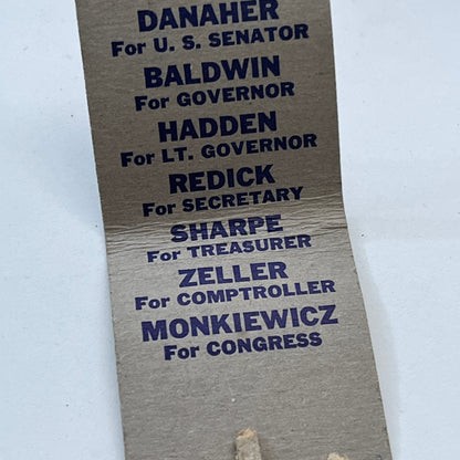 Vote Baldwin for Governor Republican Vintage Matchbook Cover TB8-MB3-2