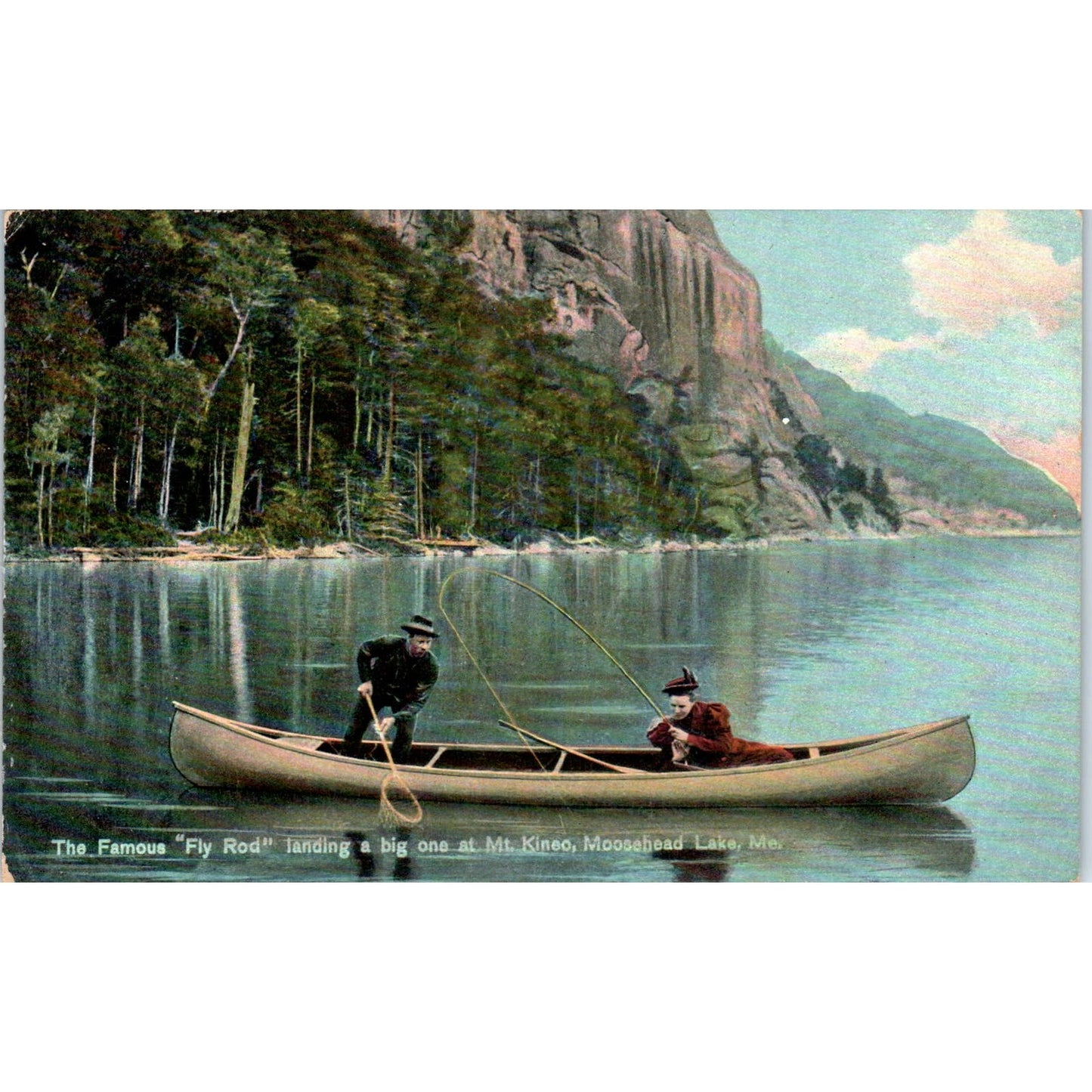 c1905 Fly Rod Fishing Mt. Kineo Moosehead Lake Maine Original Postcard PC10