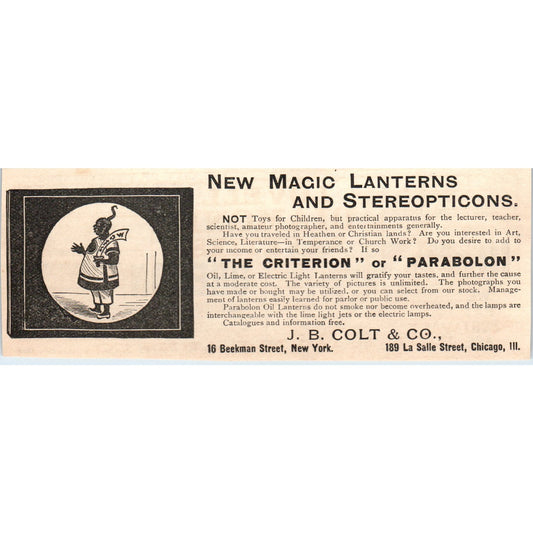 J.B Colt & Co Magic Lanterns & Stereopticons Criterion Parabolon 1892 Ad AK6-H1