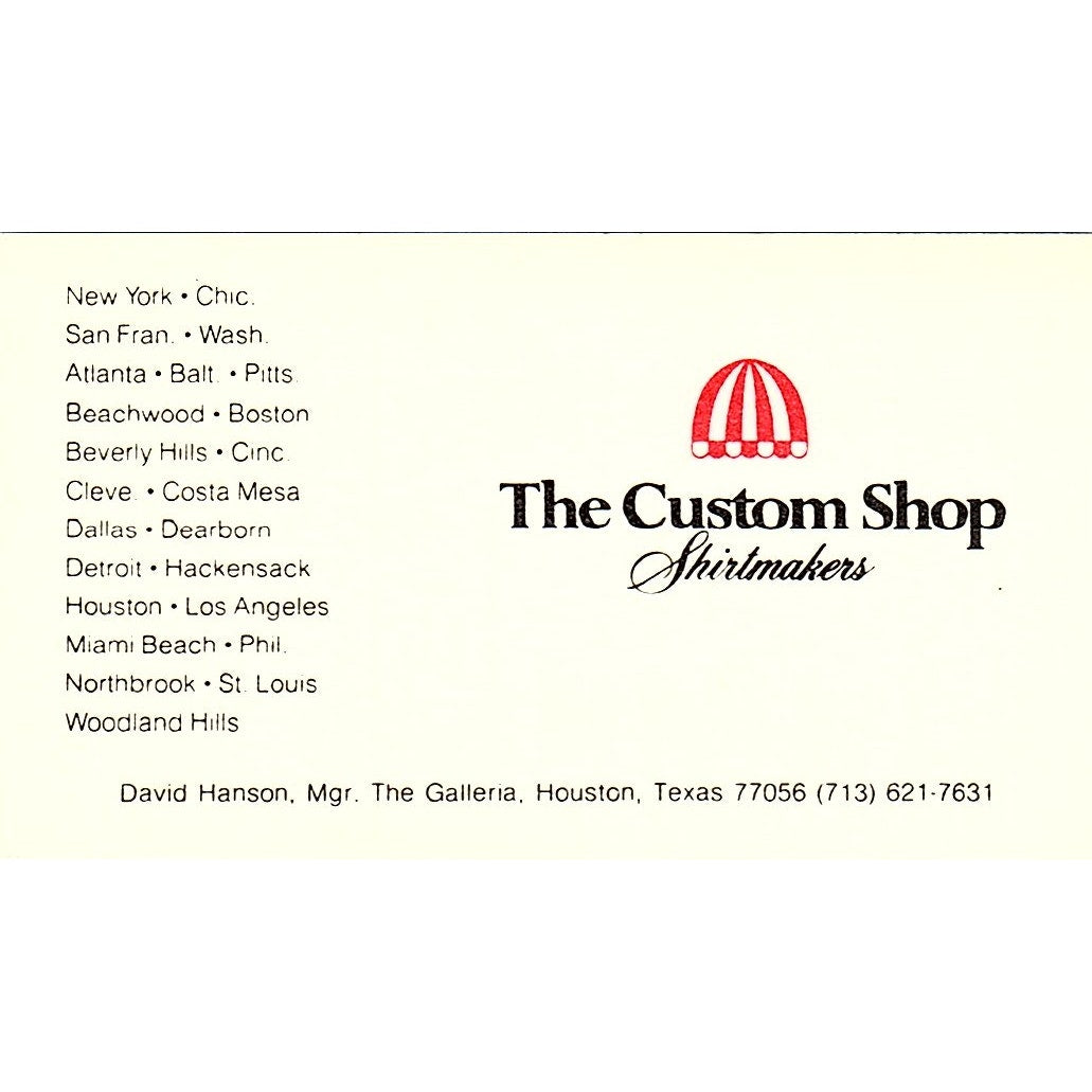 David Hanson The Custom Shop Shirtmakers Houston Vintage Business Card SD9-B7