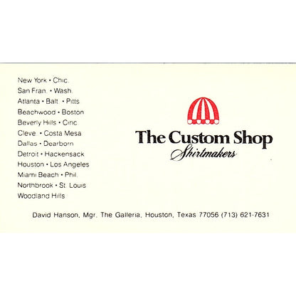 David Hanson The Custom Shop Shirtmakers Houston Vintage Business Card SD9-B7