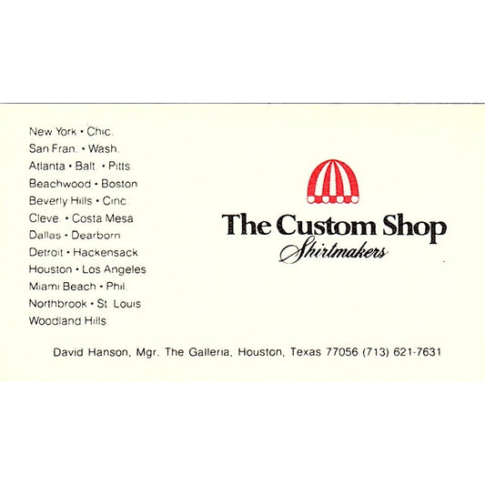 David Hanson The Custom Shop Shirtmakers Houston Vintage Business Card SD9-B7