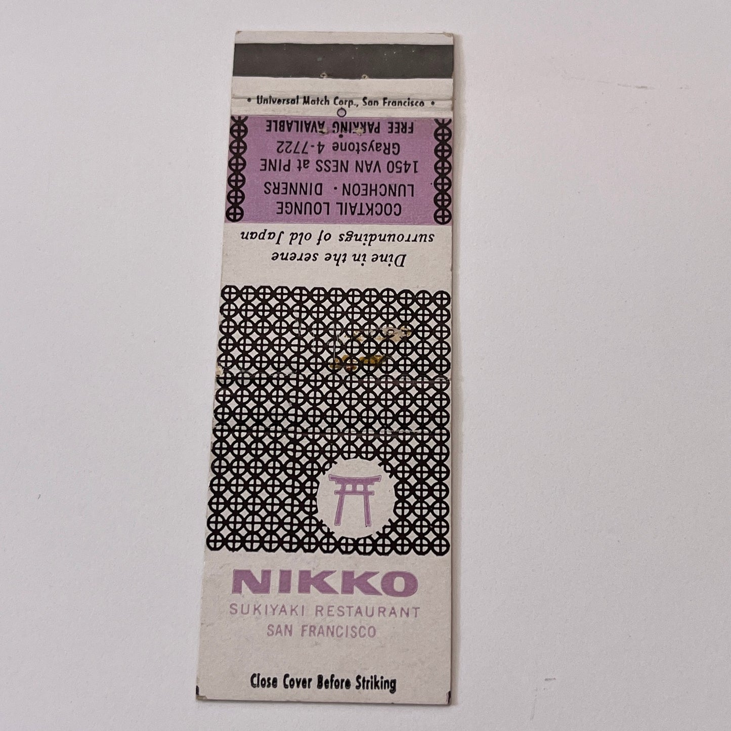 Nikko Sukiyaki Restaurant San Francisco CA Vintage Matchbook Cover TB6-MB1-15