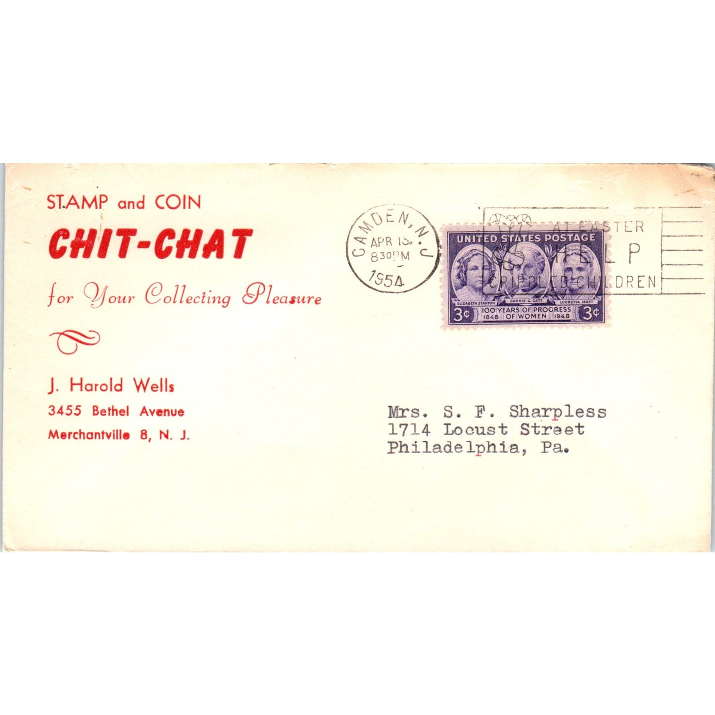 1954 Stamp & Coin Chit-Chat J. Harold Wells Merchantville Postal Cover TG7-PC1