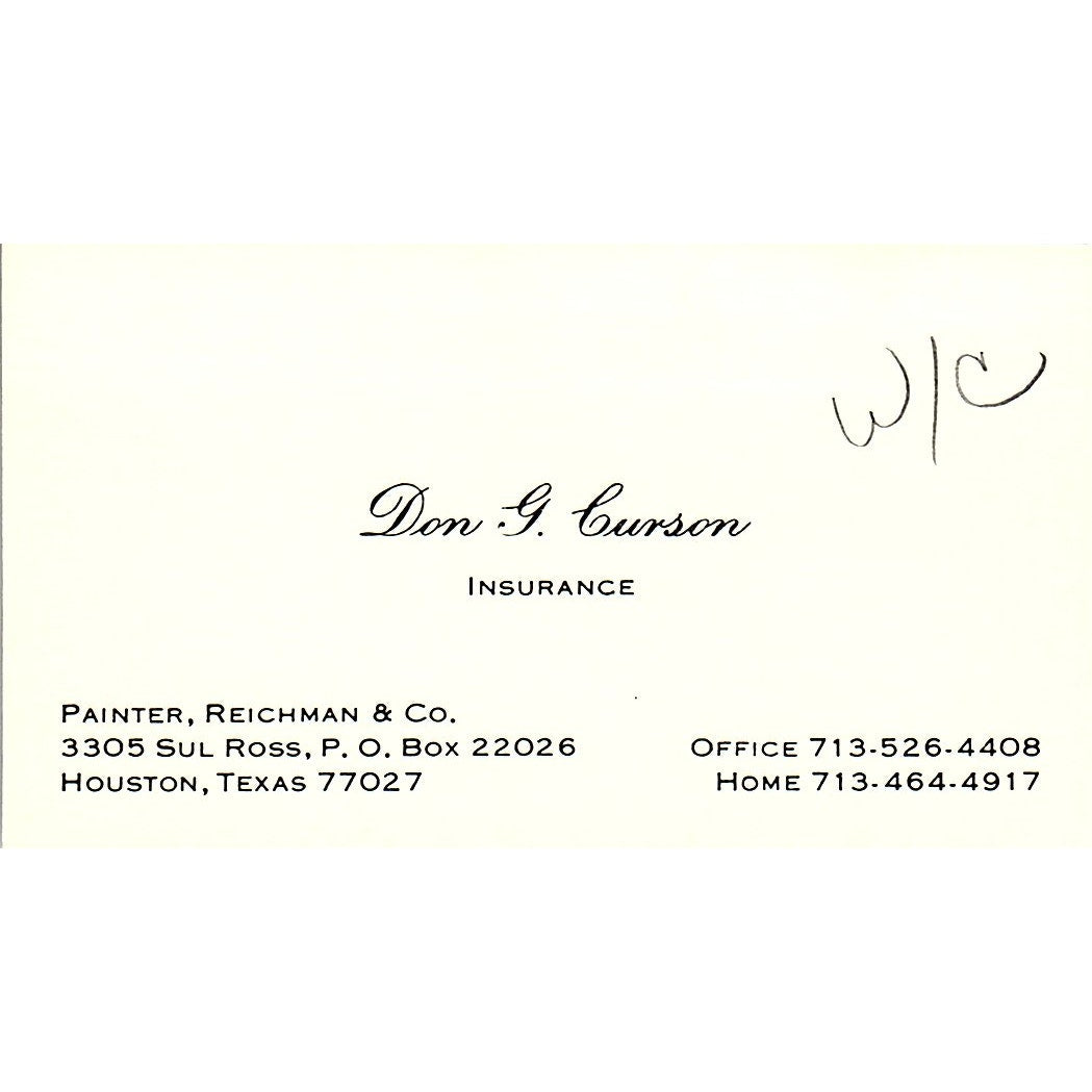 Don G Curson Painter, Reichman & Co Houston Vintage Business Card SD9-B6