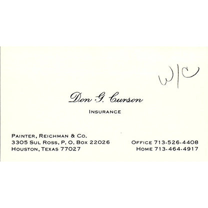 Don G Curson Painter, Reichman & Co Houston Vintage Business Card SD9-B6
