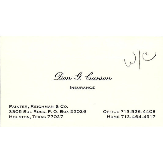 Don G Curson Painter, Reichman & Co Houston Vintage Business Card SD9-B6