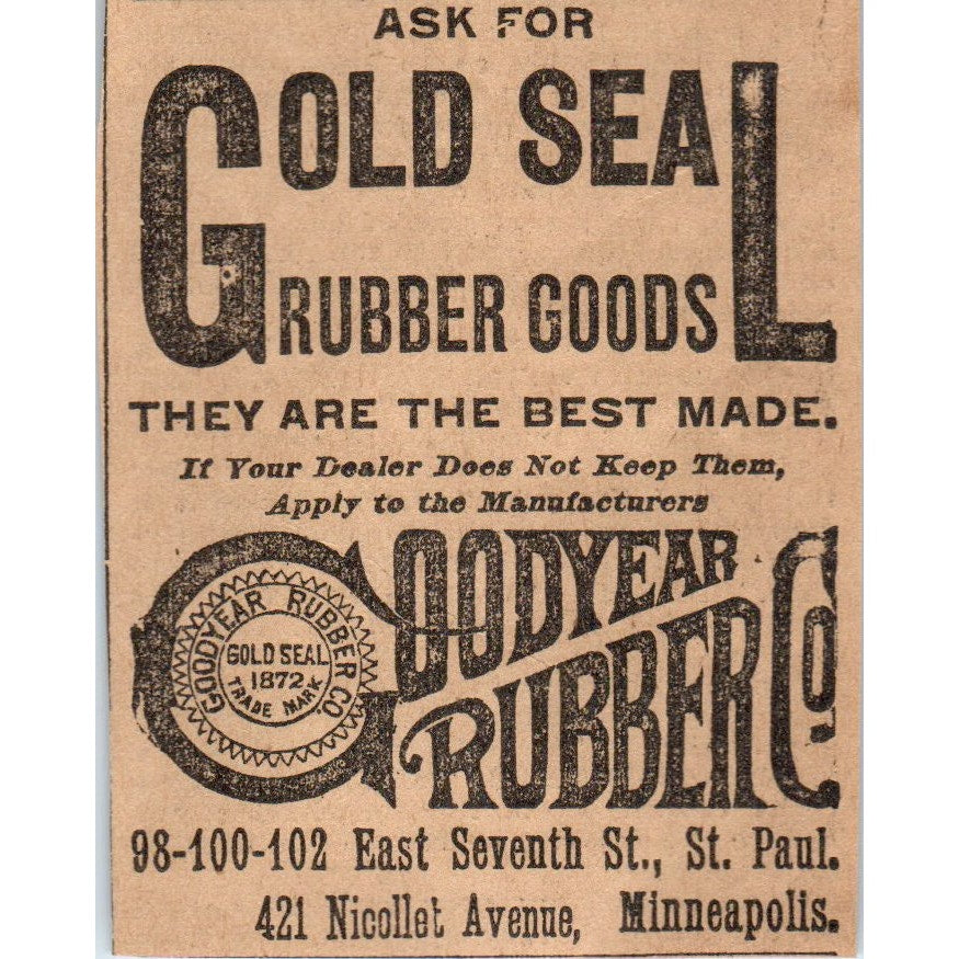 Gold Seal Rubber Goods Goodyear Minneapolis St. Paul 1898 Newspaper Ad AF2-Q1