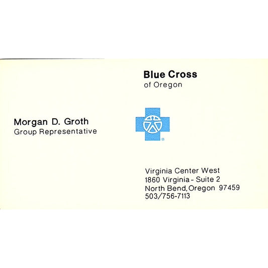 Morgan D Groth Blue Cross of Oregon North Bend Vintage Business Card SD9-B9