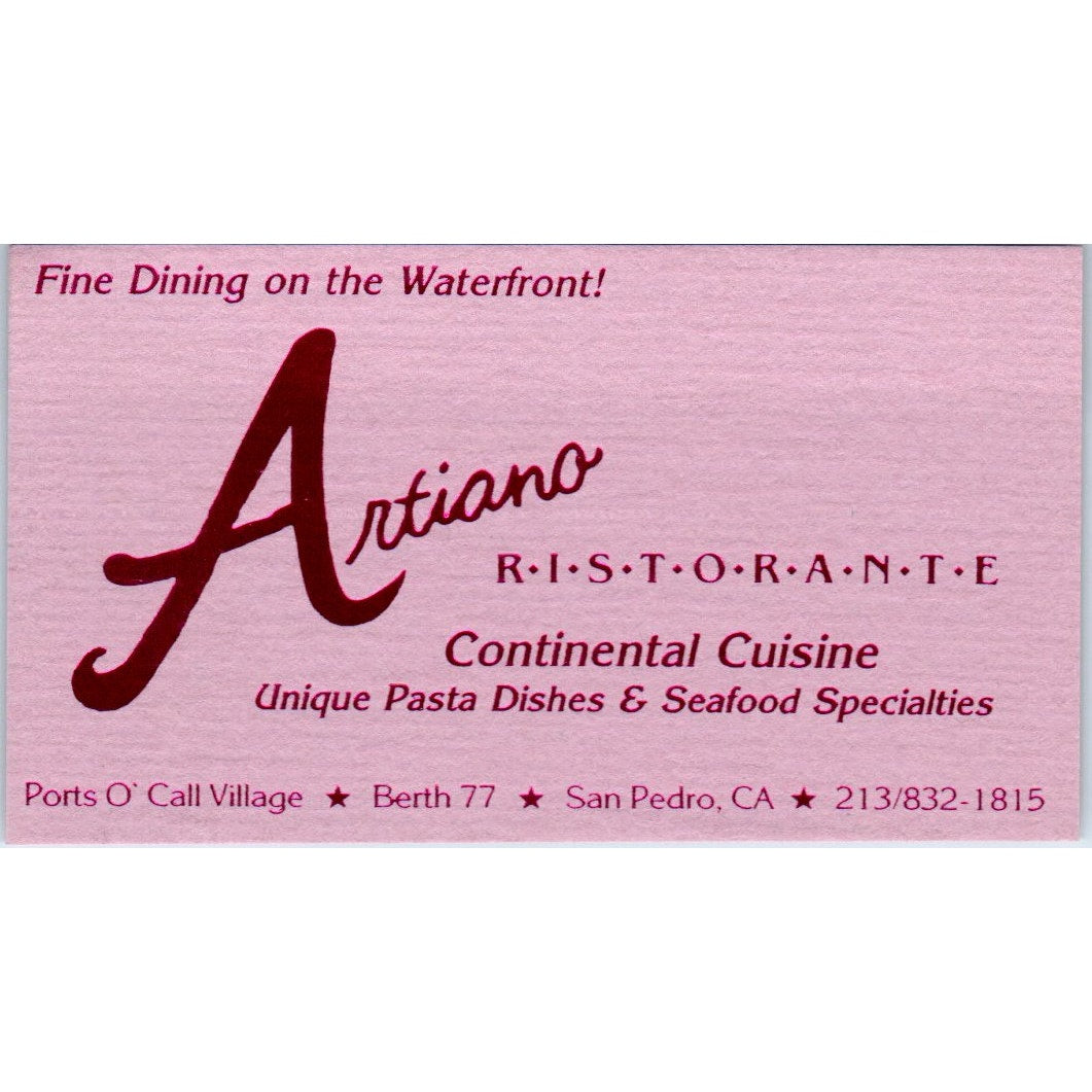 Artiano Ristorante San Pedro CA Vintage Business Card SD8-B19