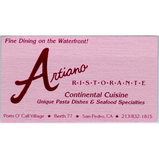 Artiano Ristorante San Pedro CA Vintage Business Card SD8-B19