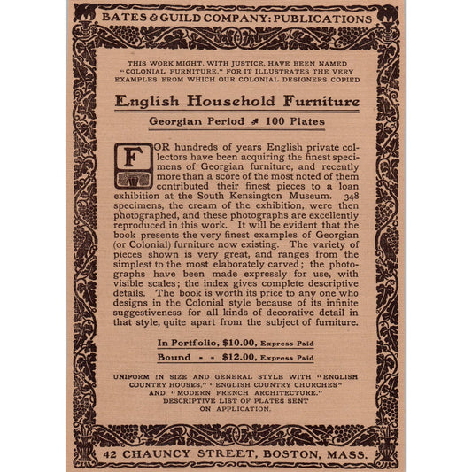 Bates & Guild Co English Household Furniture Boston c1905 Victorian Ad D12