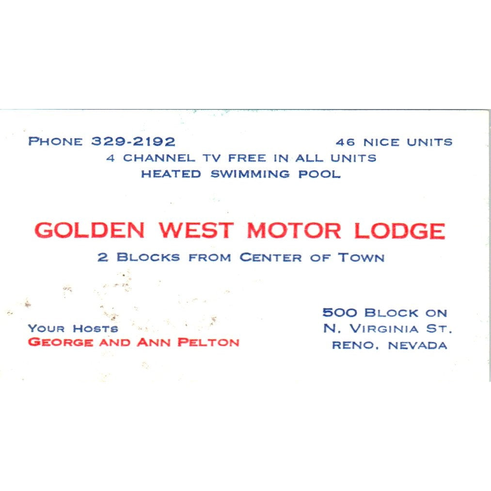 Golden West Motor Lodge George & Ann Pelton Reno NV Vtg Business Card SD8-B22