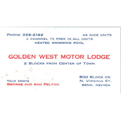Golden West Motor Lodge George & Ann Pelton Reno NV Vtg Business Card SD8-B22