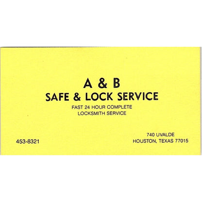A & B Safe & Lock Service, Fast 24 Hour, Houston TX Vintage Business Card SB4-B3