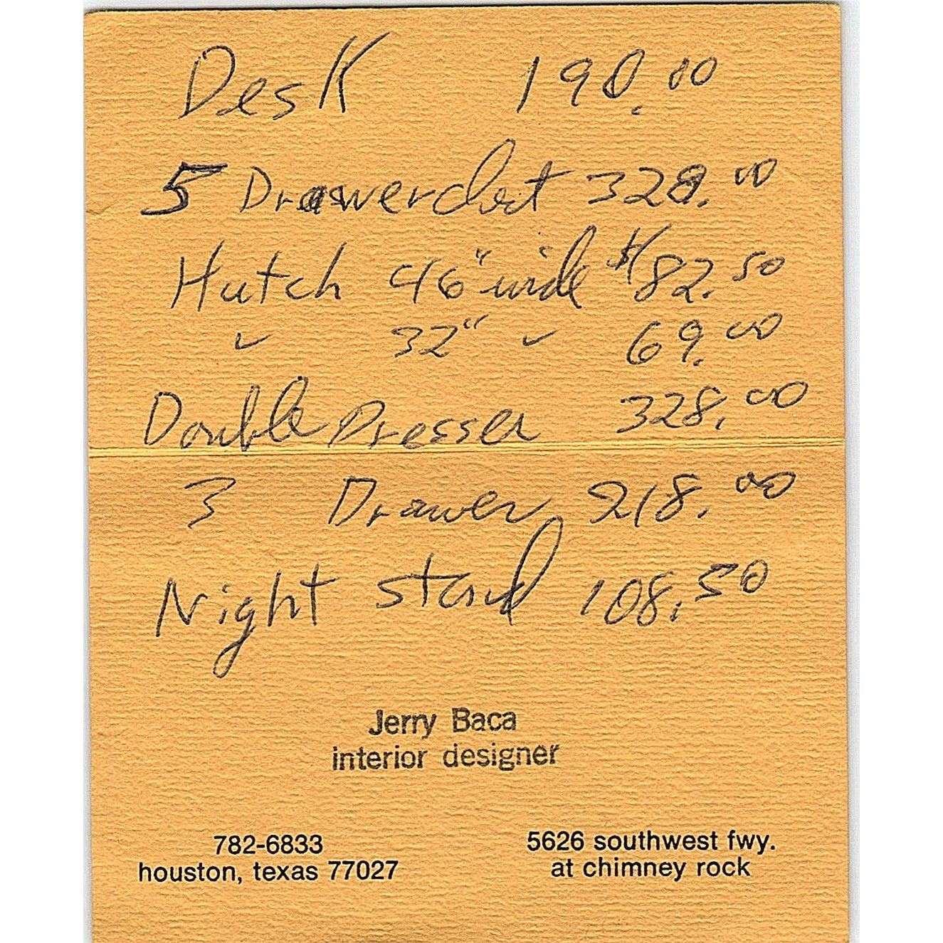 Jerry Baca Laughlin's Contemporary Interiors Houston Vtg Business Card TH2-B2