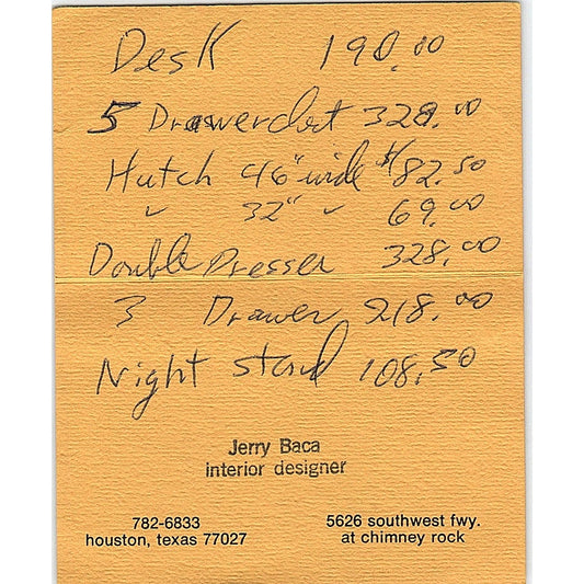 Jerry Baca Laughlin's Contemporary Interiors Houston Vtg Business Card TH2-B2