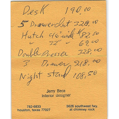 Jerry Baca Laughlin's Contemporary Interiors Houston Vtg Business Card ML1-6