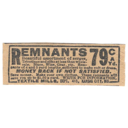 Textile Mills Kansas City MO Remnants 1923 Magazine Ad Clip AE1-8