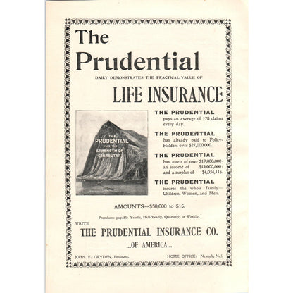 Strength of Gibraltar Prudential Ins. John F. Dryden 1897 Victorian Ad AE9-TS2