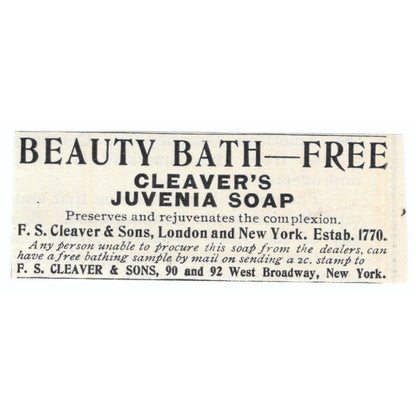 F.S. Cleaver & Sons Juvenia Soap c1905 Original Magazine Advertisement AE7-SA1