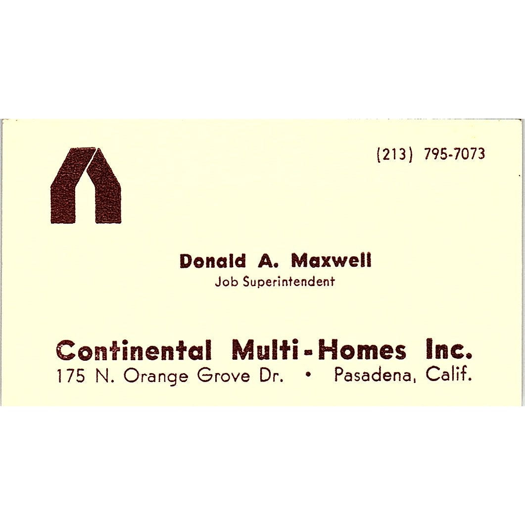 Continental Multi-Homes Inc Donald A Maxwell Pasadena CA Business Card SD9-B4