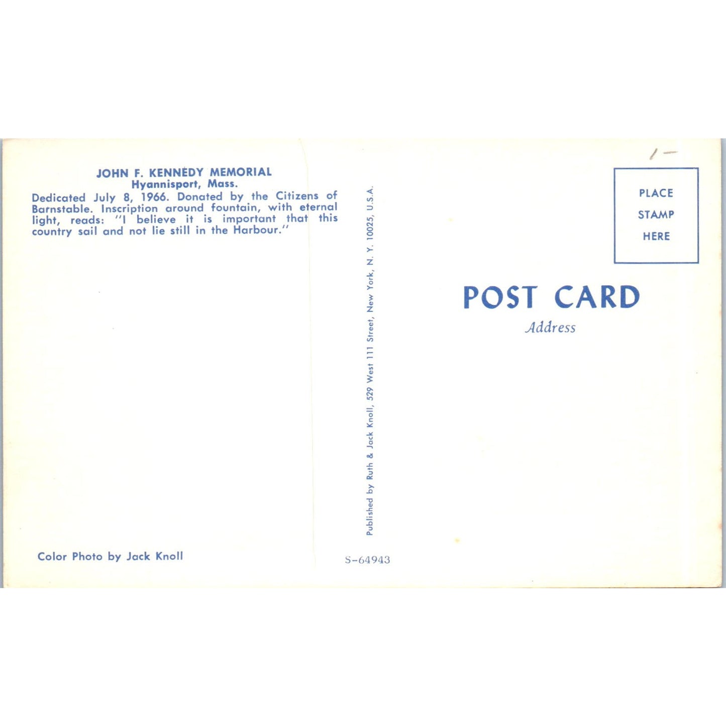 President John F. Kennedy Memorial Hyannisport MA Vintage Postcard PC17