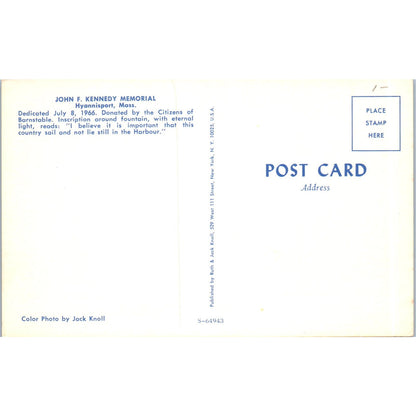 President John F. Kennedy Memorial Hyannisport MA Vintage Postcard PC17
