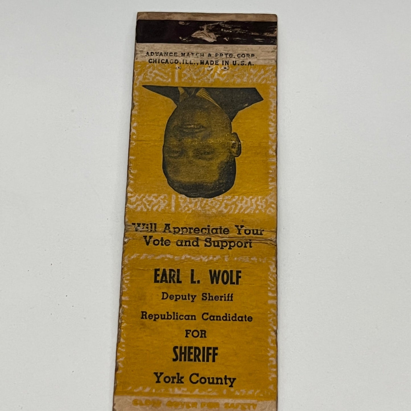 Vote Earl L Wolf Republican Deputy Sheriff York County Vtg Matchbook TB6-MB2-14