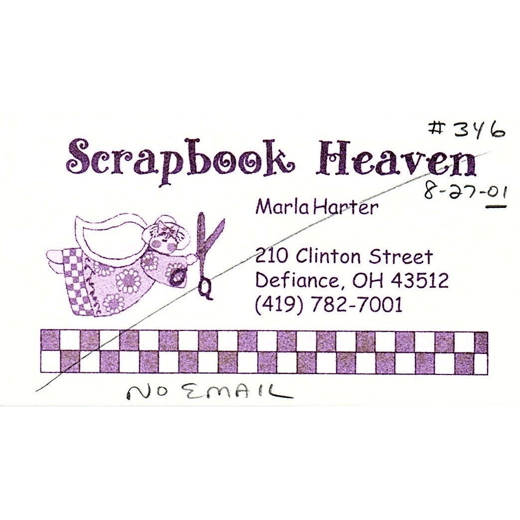 Scrapbook Heaven Marla Harter Defiance OH Vintage Business Card SC9-B11