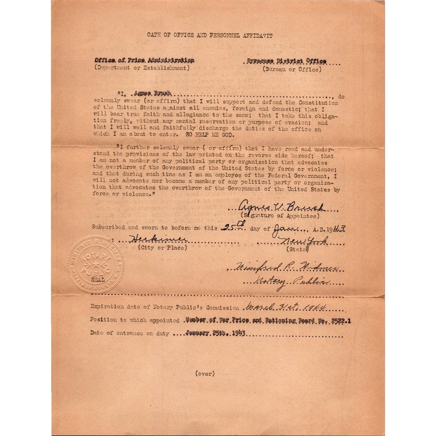 1943 WWII Office of Price Administration Oath of Office Affidavit A. Brush J16