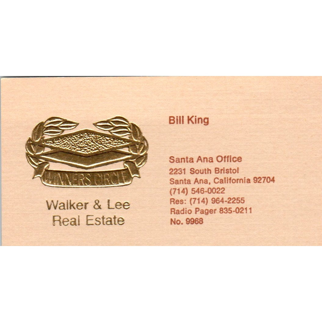 Bill King Walker & Lee Real Estate Santa Ana CA Vintage Business Card SD8-B1