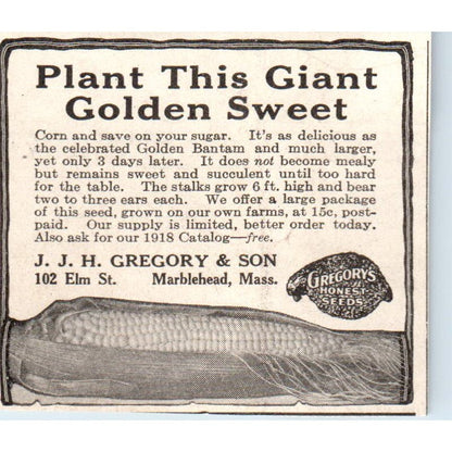 Sweet Corn J.J.H. Gregory and Son Marblehead MA 1918 Magazine Ad AF1-SS2