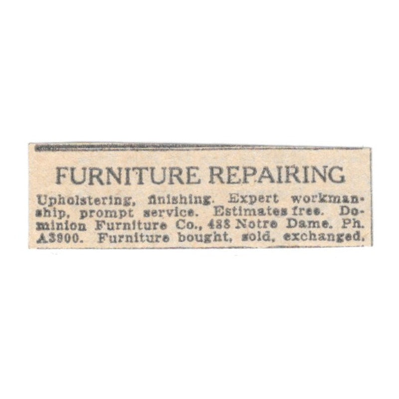 Furniture Repairing Dominion Furniture Co 488 Notre Dame Winnipeg 1920 Ad AG2-S3