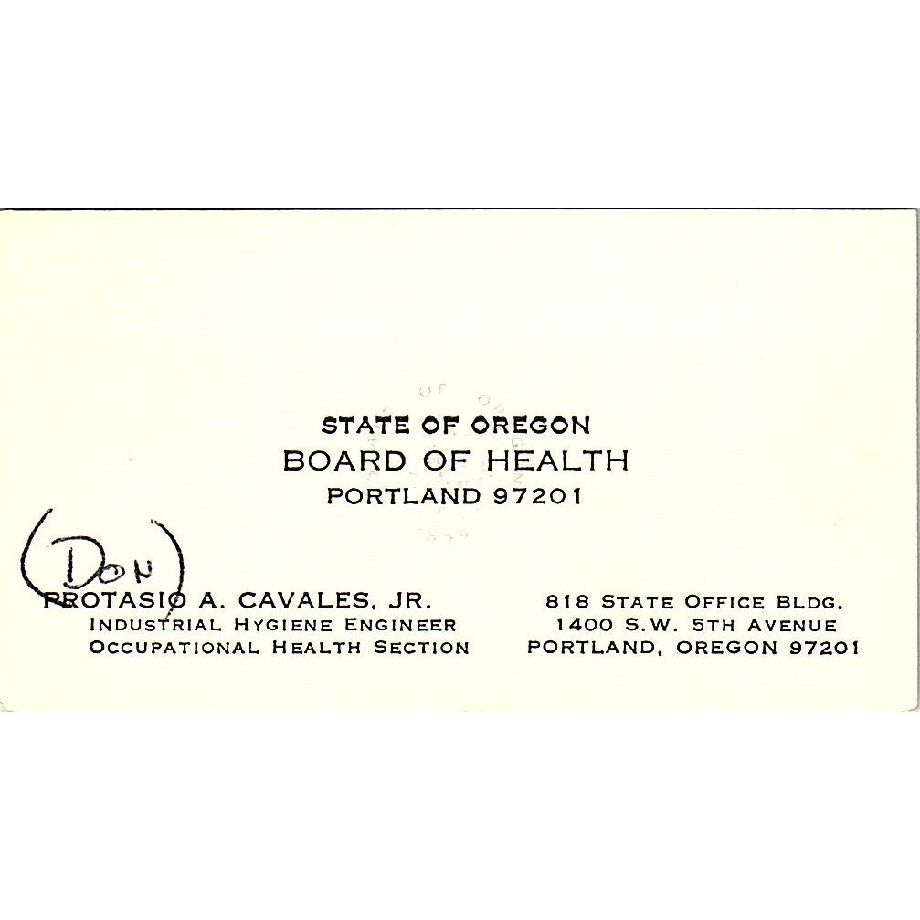 Board Of Health Protasio A. Cavales Jr. PortLand Oregon Business Card SF3-B3