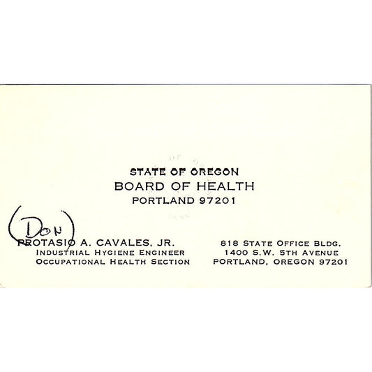 Board Of Health Protasio A. Cavales Jr. PortLand Oregon Business Card SF3-B3