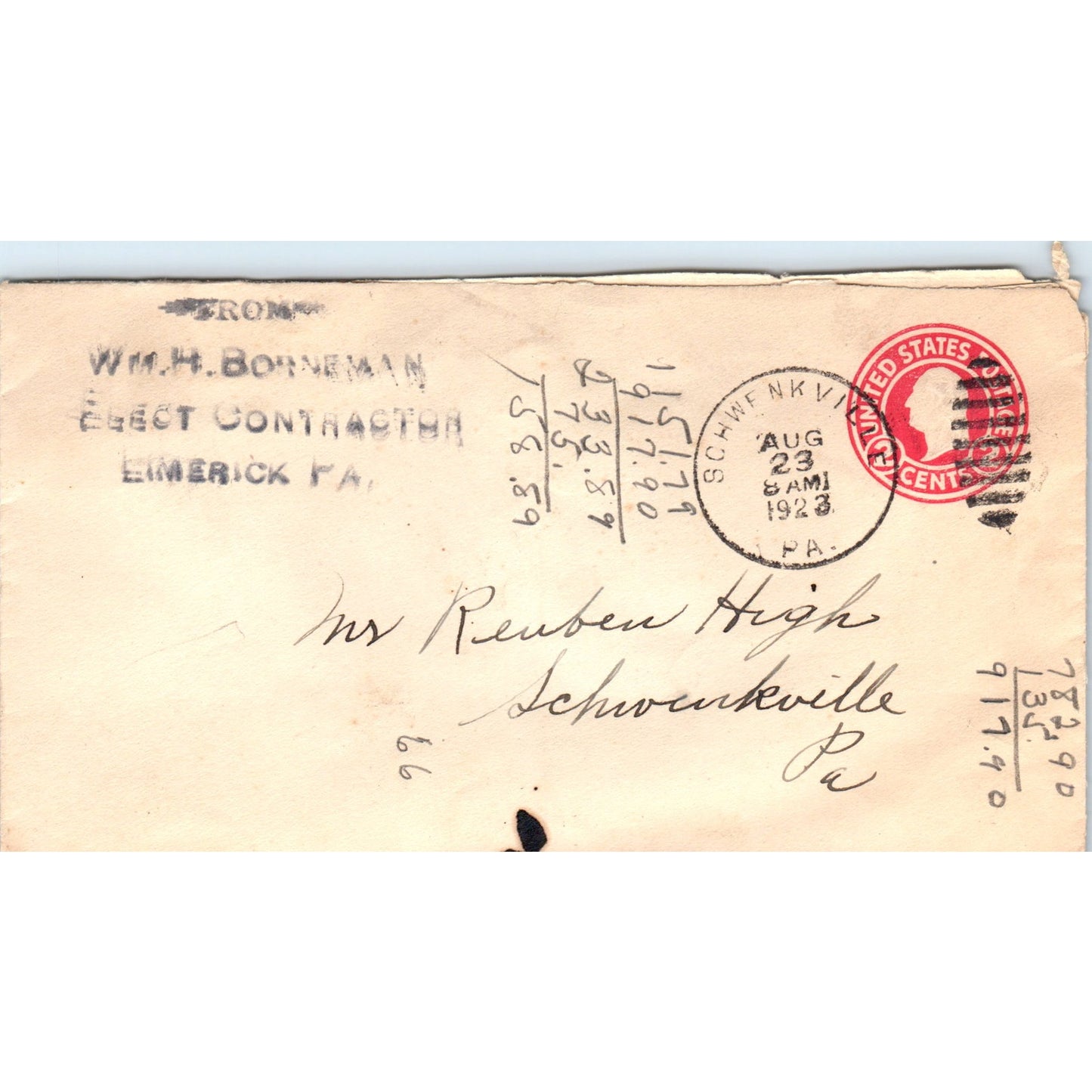 1923 Wm. H. Borneman Emerick PA Postal Cover Envelope TG7-PC3