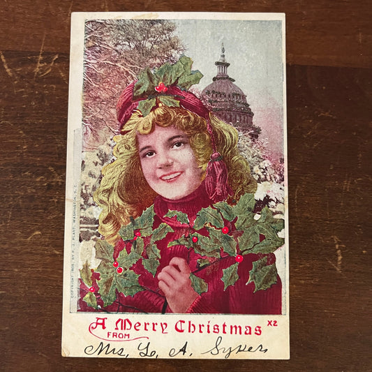 1905 Merry Christmas Mrs. L. A. Sykes Mica Capitol Building Antique Postcard PE1