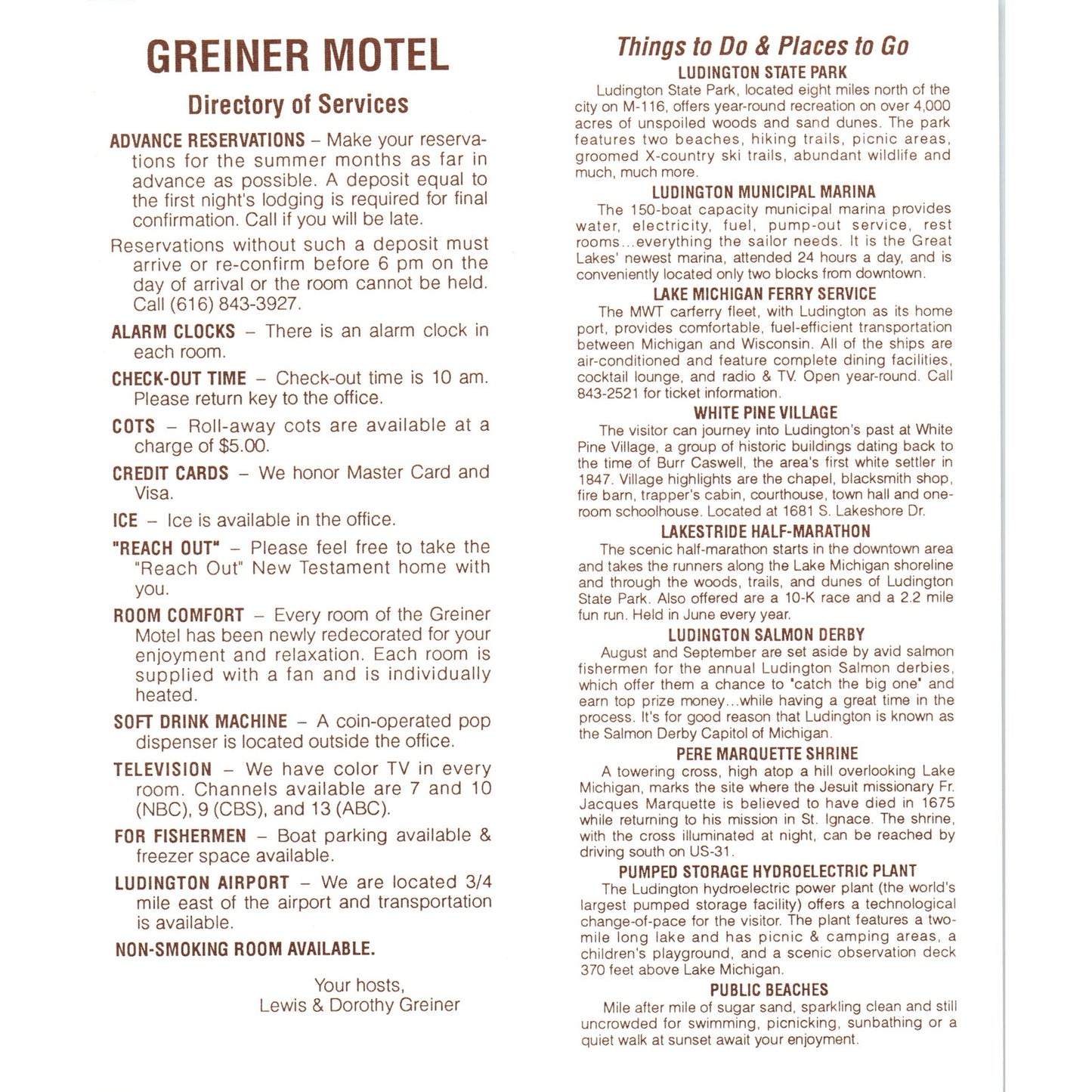 1989 Greiner Motel and Ludington MI Travel Brochure TF4-B2