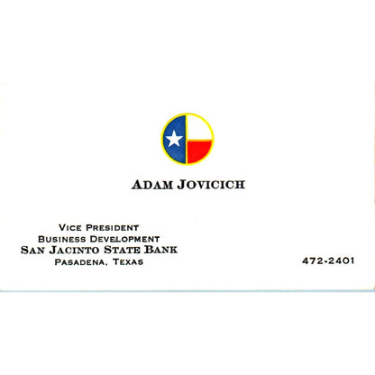 Adam Jovicich San Jacinto State Bank Pasadena TX Vintage Business Card SE3-B9