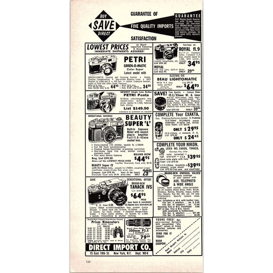 Direct Import Co Cameras 15 East 19th St NY 1960 Magazine Ad AG6-5