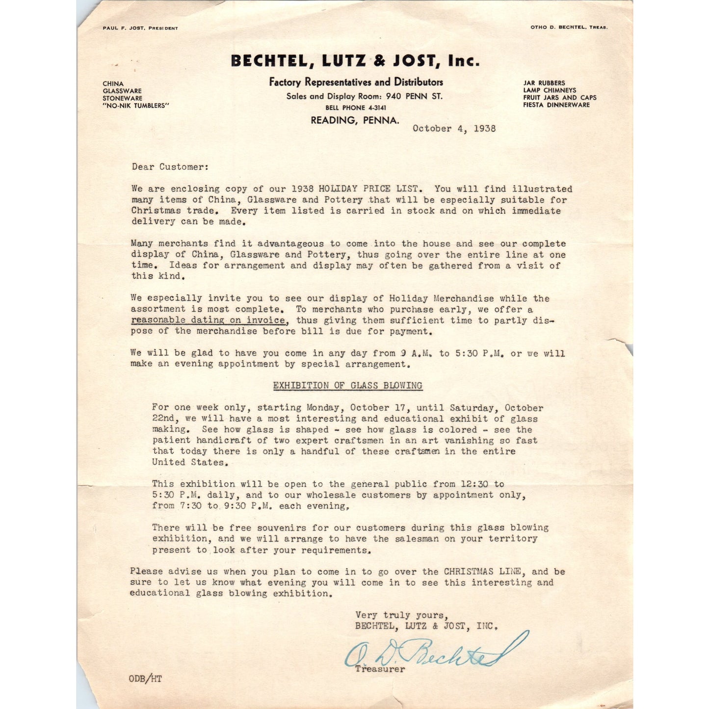 1938 Bechtel, Lutz & Jost Inc Factory Reps Reading PA Letterhead Memo D21