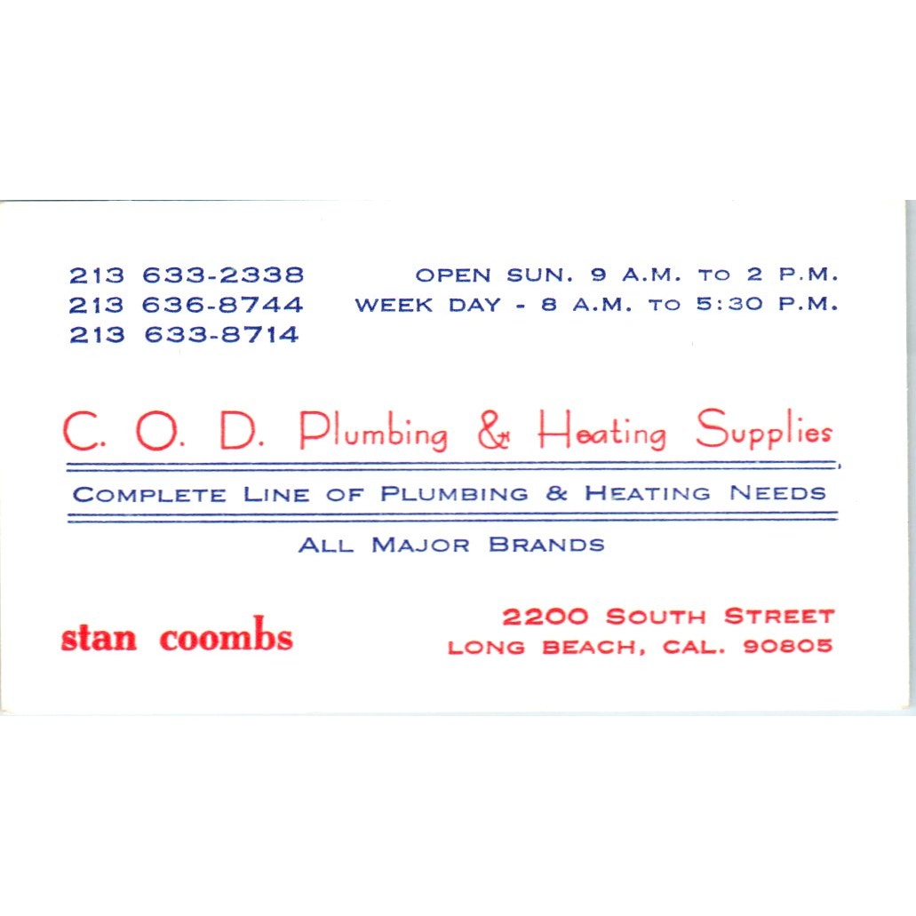 C.O.D. Plumbing & Heating Supplies Stan Coombs Long Beach Business Card SD4-B2
