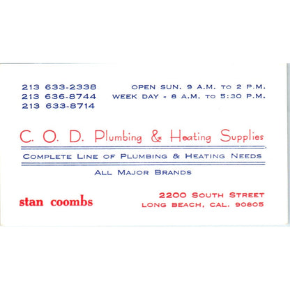 C.O.D. Plumbing & Heating Supplies Stan Coombs Long Beach Business Card SD4-B2