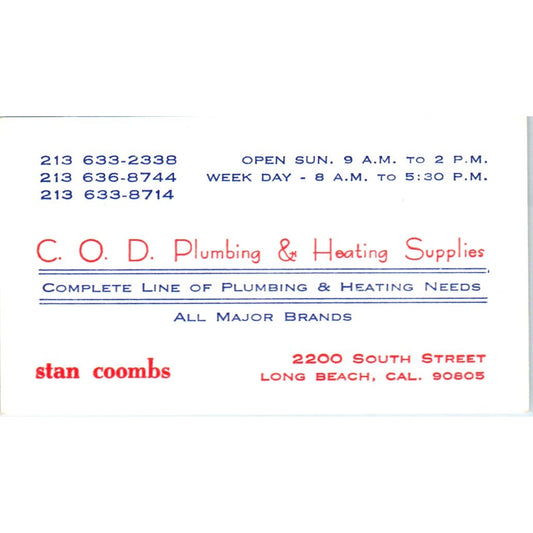 C.O.D. Plumbing & Heating Supplies Stan Coombs Long Beach Business Card SD4-B2