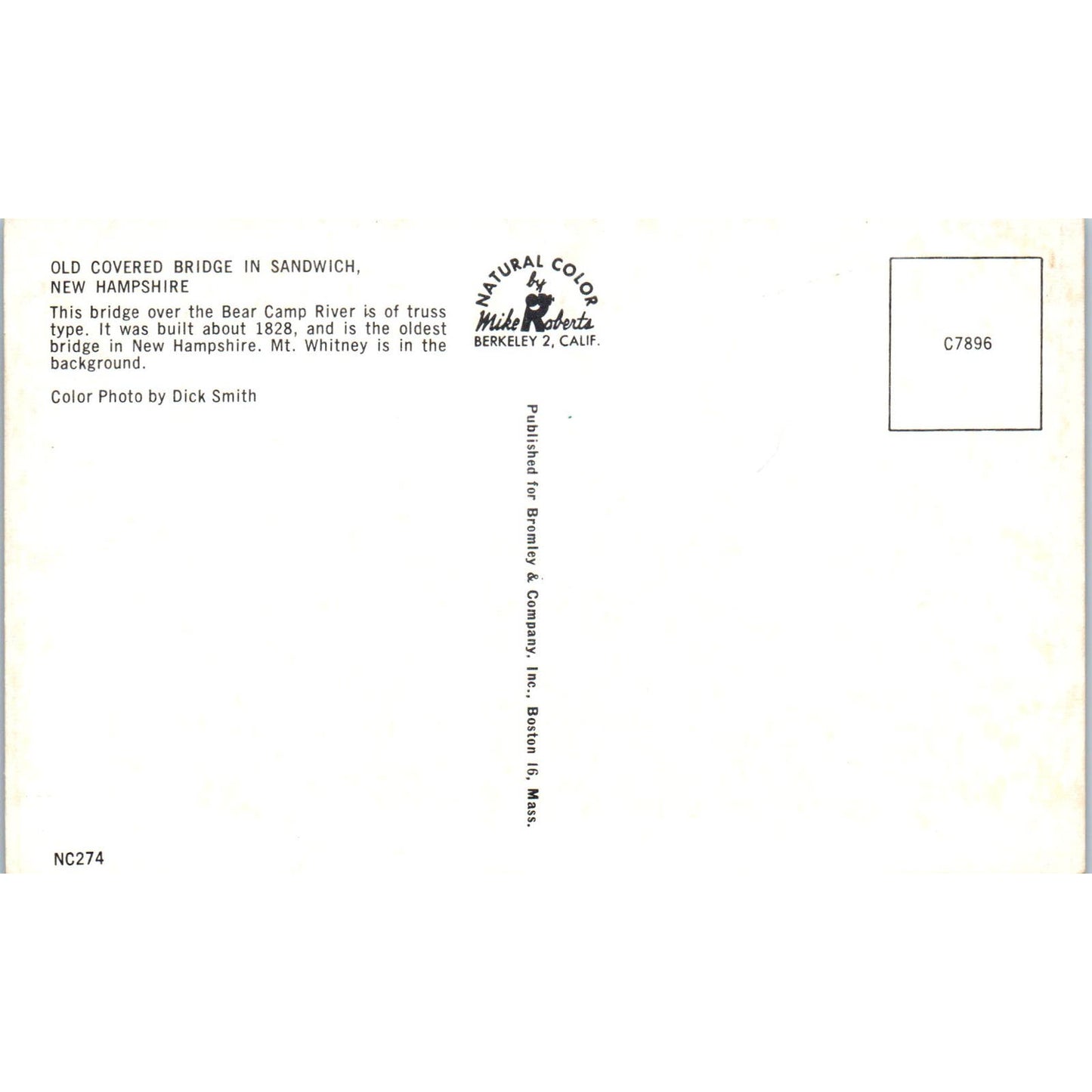 Old Covered Bridge in Sandwich New Hampshire Covered Bridge Postcard PC3